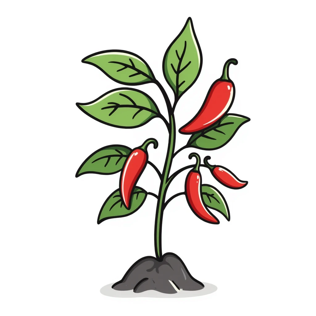 Hand drawn pepper plant with green leaves and red chili peppers emoji