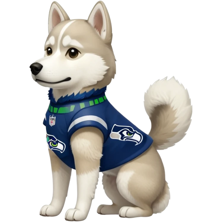 White tan husky with Seattle Seahawks gear emoji