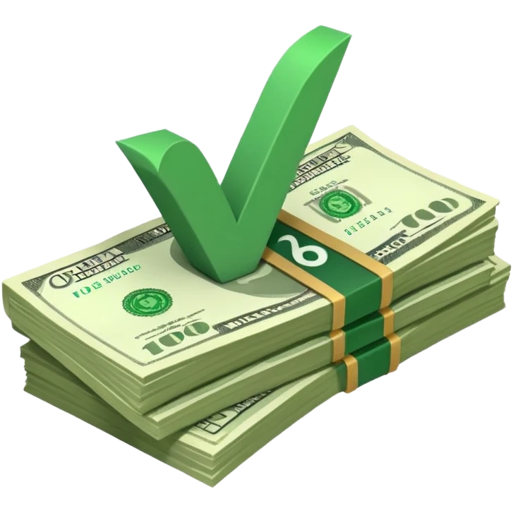 stack of bills facing up with a big green tick in the background emoji