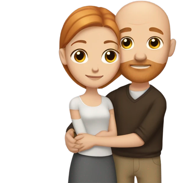 Bald white guy with ginger bread and dark brown eyes and girl with long dark brown hair and dark brown eyes hugging tightly  emoji