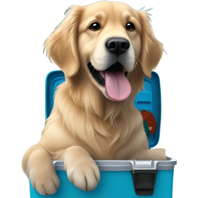 Golden retriever sitting on large blue yeti cooler  emoji