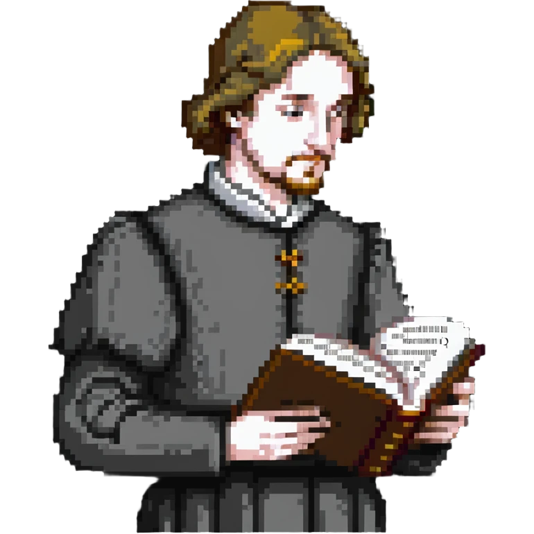 person reading the Canterbury Tales and drinking tea, Geoffrey Chaucer standing behind emoji
