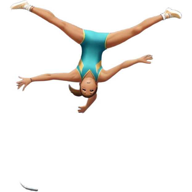 An athletic person soaring high above a trampoline, executing an acrobatic flip with perfect form. The scene captures motion and energy, with a dynamic pose, stretched limbs, and a focused expression. The background suggests a professional trampoline arena with safety padding. emoji