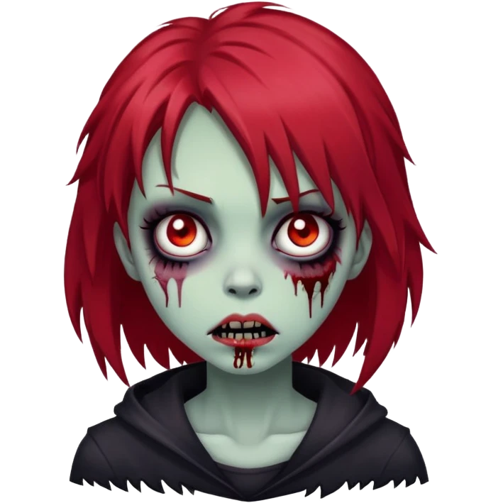 creepy zombie girl, red shaggy medium hair, emo, dark and spooky expression emoji