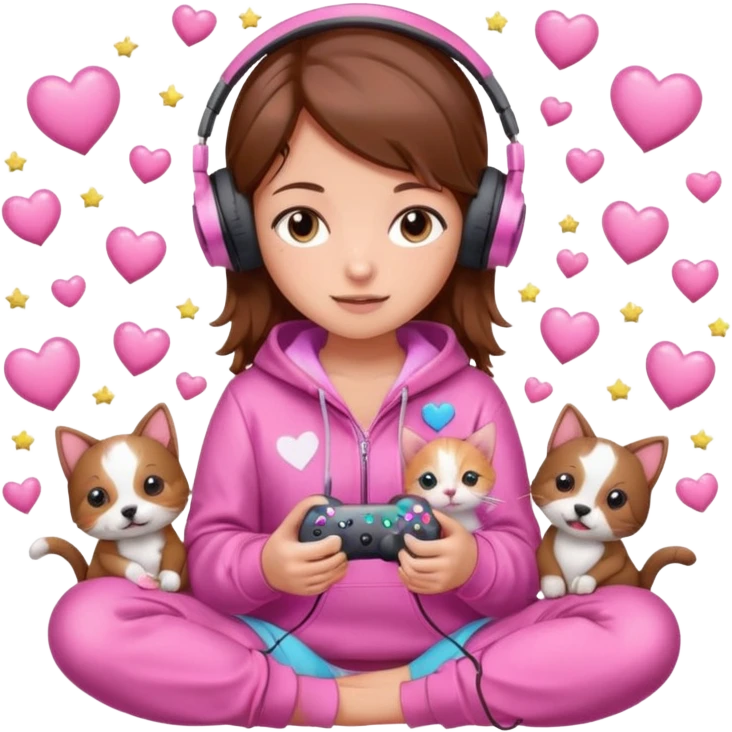 A brown-haired cartoon girl in a pink sparkly hoodie with headphones on, holding a game controller, surrounded by hearts, stars, and a puppy and kitten cuddling at her feet. emoji
