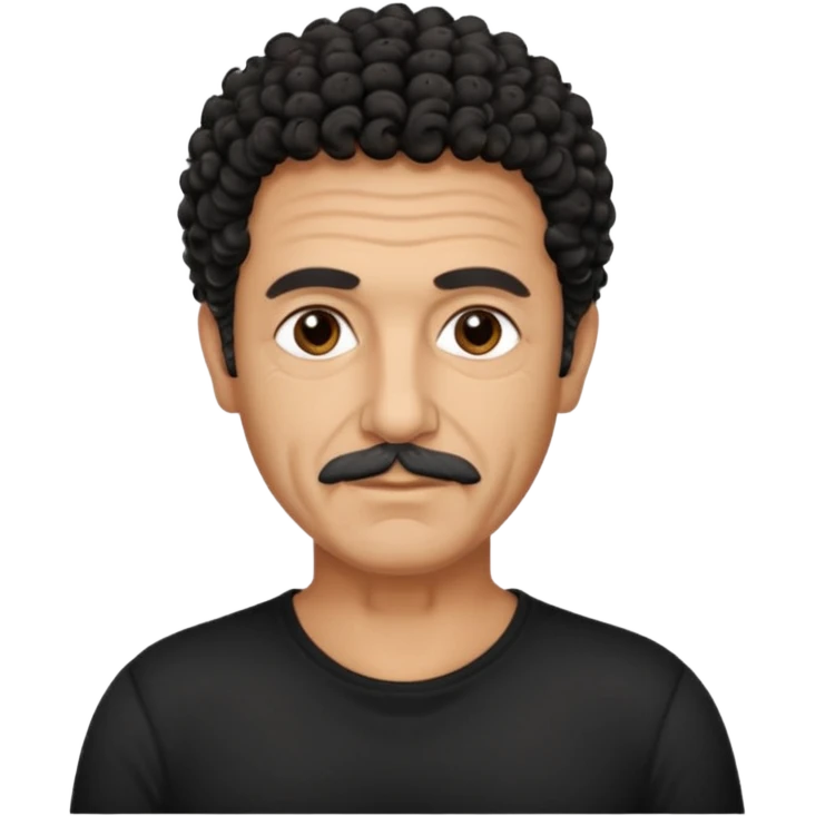 60 year old Greek man with short black curly hair that sticks up and has a black shirt emoji