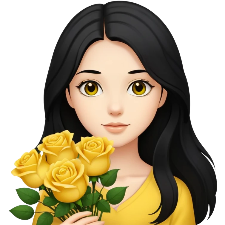Beautiful girl with long black hair holding a bouquet of yellow roses emoji