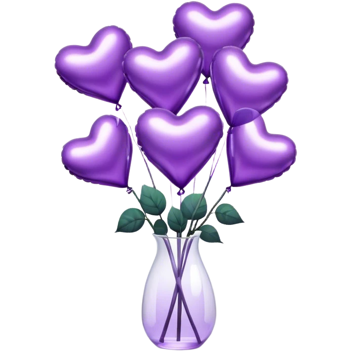"A cluster of metallic heart-shaped balloons in varying shades of purple, floating beside a sleek glass vase filled with matching roses."
 emoji
