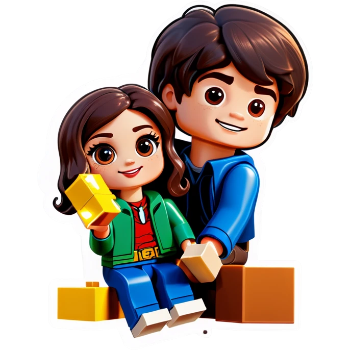 A handsome young man with dark hair, a little heavy sits with his girlfriend with cascading, dark brown hair, flowing down her face as they sit together playing Legos emoji