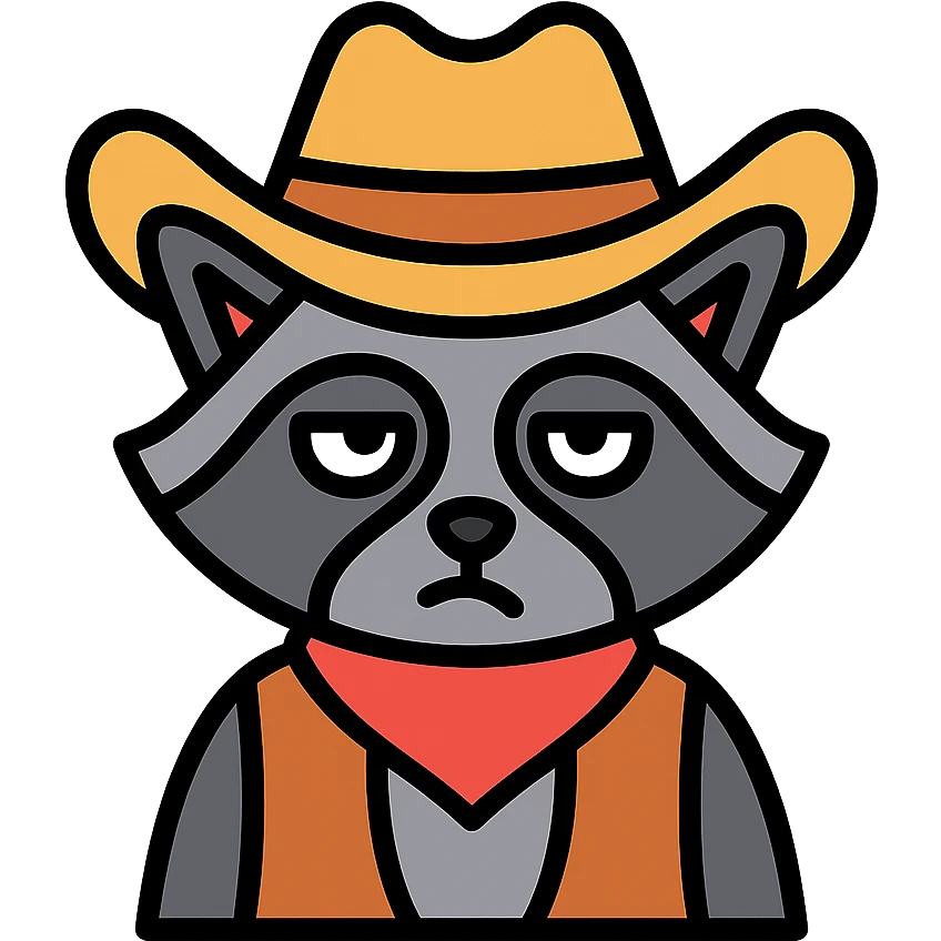 raccoon dressed as a cowboy, rolling his eyes, color outline icon emoji