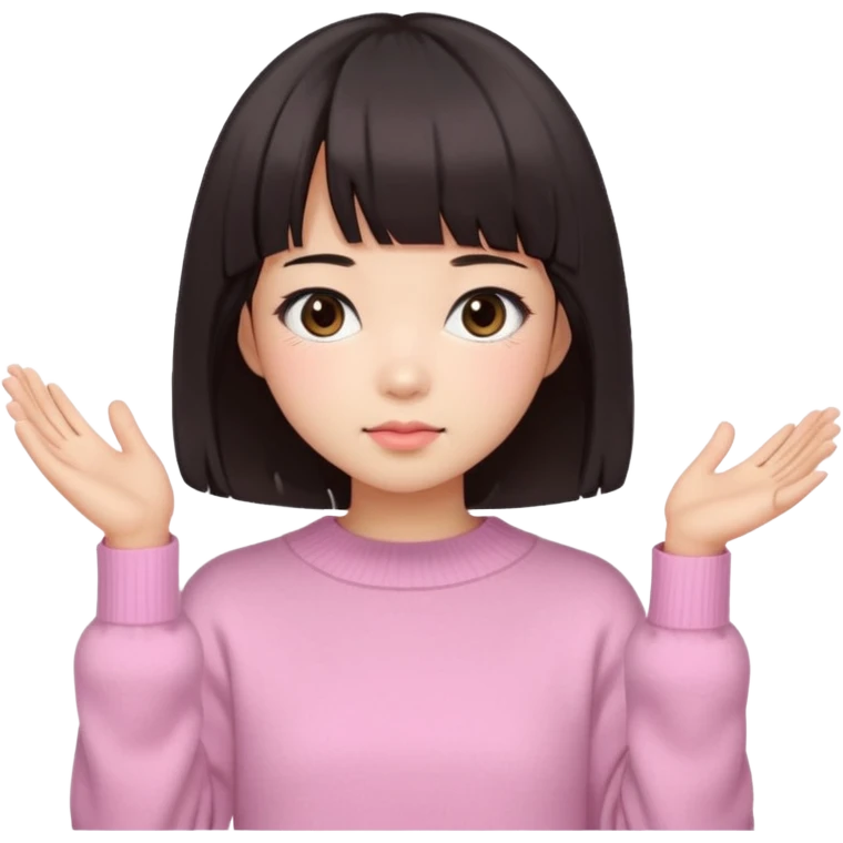 a asian japanese girl with a dark brown bob with curtain bangs, wearing a pastel pink wintery sweater emoji