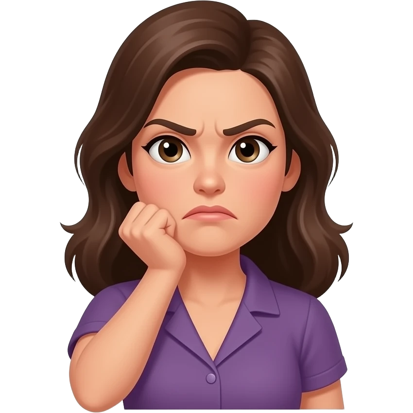 Woman with grumpy face, holding her fist up to, just below, her chin with STFU coming out of a word bubble emoji