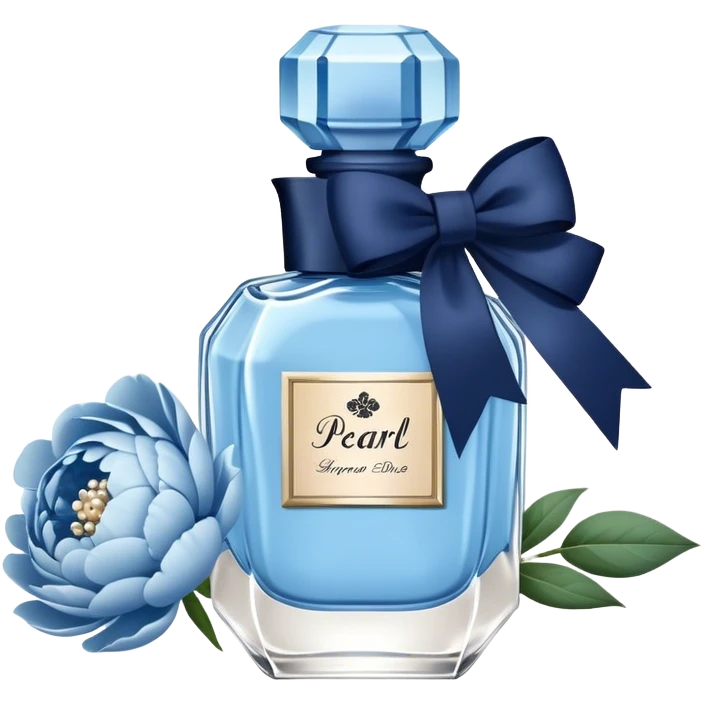 pearl blue vintage style perfume bottle and navy colored peonies and a powder blue bow emoji