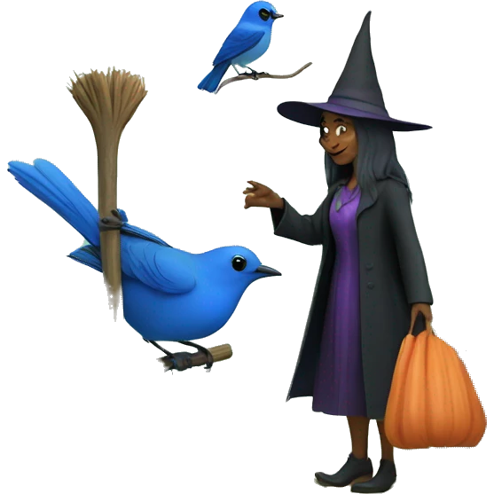Witch and a bluebird in a garden  emoji