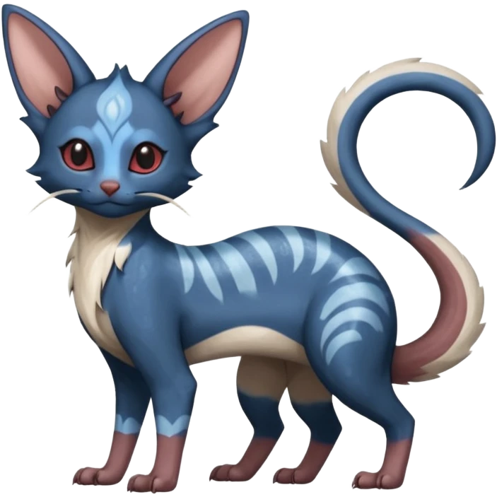 Dark Brown-Oily deep-blue-glittery Minccino-Lykoi-Emolga-Sphynx-Linoone-Zangoose-fusion-hybrid-animal-Fakémon-creature, full body, thin long sleek scaly tail, intricate markings emoji