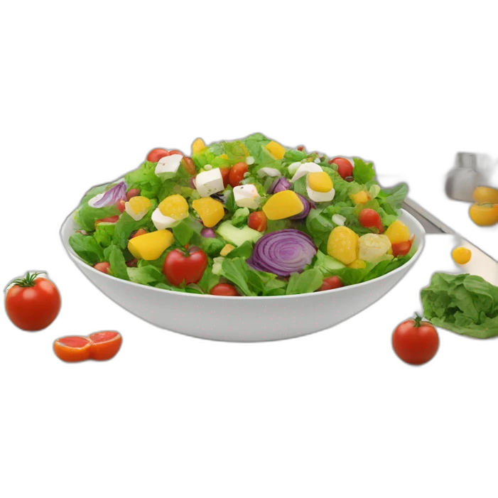 Transform into an animated, colorful salad with a variety of glowing, levitating ingredients in a modern kitchen setting. emoji