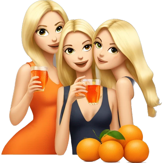 Three beautiful blond girls drinking aperol sitting on oranges emoji
