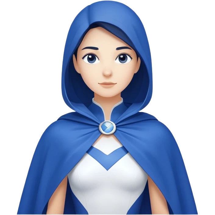Close-up of a woman in a modern, minimalist blue and white costume with a cape. Only blue and white colors used, clean and sleek design emoji