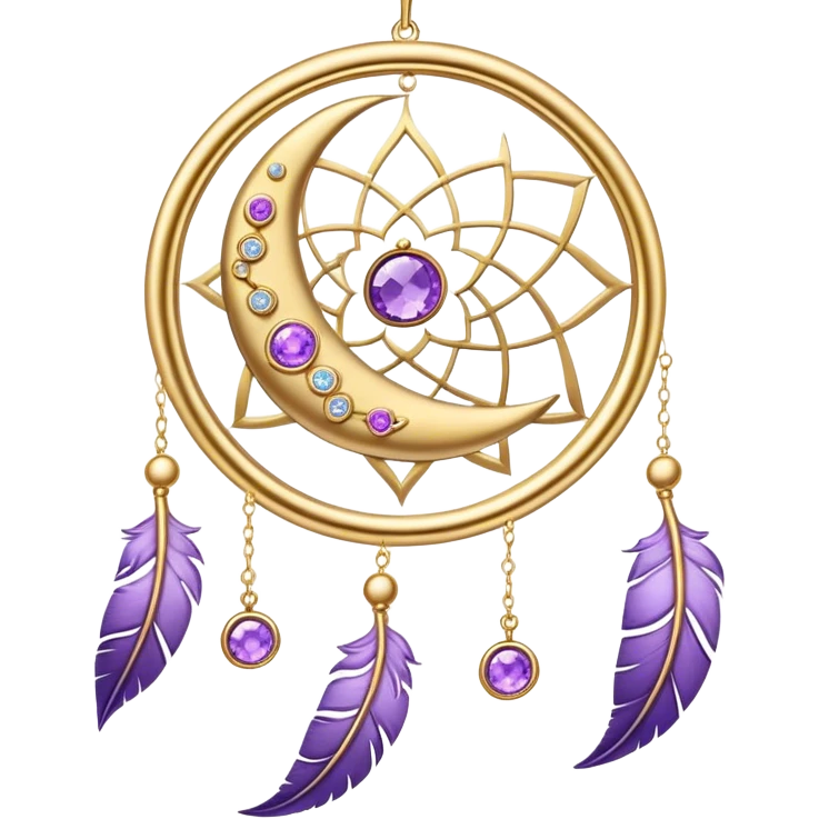 Epic beautiful gorgeous cute gold suncatcher, threads with shiny sparkly amethyst gemstones, flowers, crescents-moons, stars, violet Feathers  emoji