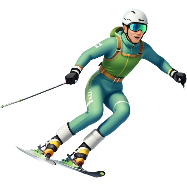 An icon featuring snowy peaks, pine trees, and a picturesque mountain landscape with a skier racing down a snow-covered slope. The sky is blue with soft clouds, capturing the thrill and beauty of alpine skiing. Transparent background highlights the excitement and serenity of winter sports. emoji