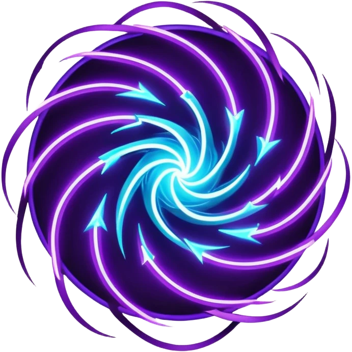futuristic minimalistic logo icon, abstract glowing storm swirl made of neon purple (#8B5CF6) and cyan (#00E0FF) lines, representing Storm team energy and speed, digital lightning core, dark background, no face, tech-style emblem, 1:1 aspect ratio emoji