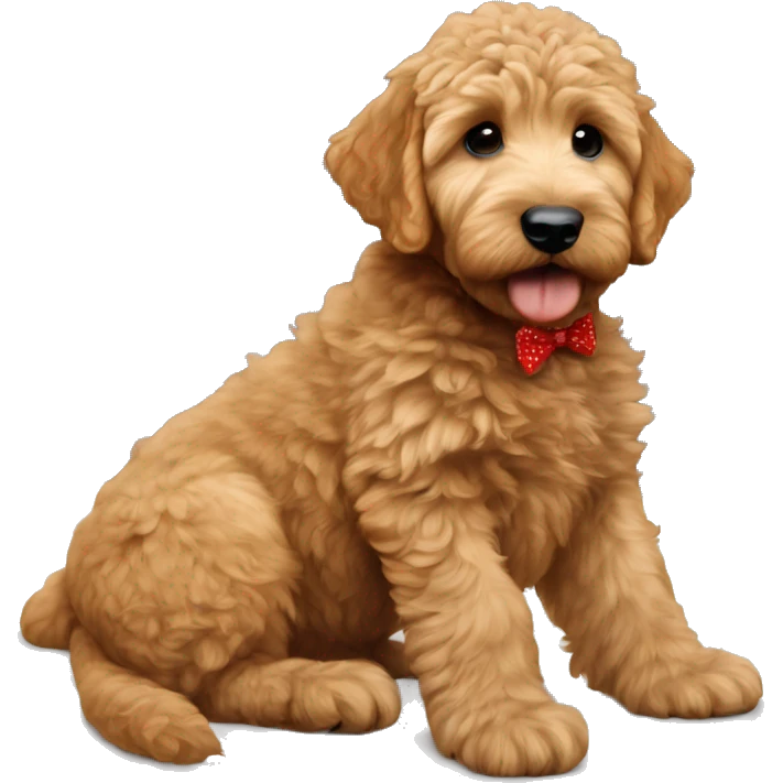Ginger golden doodle. Baby. Full body sitting down. Red bow emoji