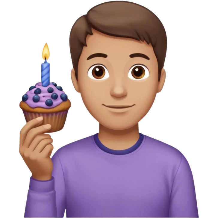 Make a white man with brown hair wearing a shirt that says happy b day Virginia holding a blueberry muffin with a birthday candle in it. Have him holding multiple muffins and no candles in hand. Have him wearing a purple shirt. He should still be a white guy in a light purple shirt emoji