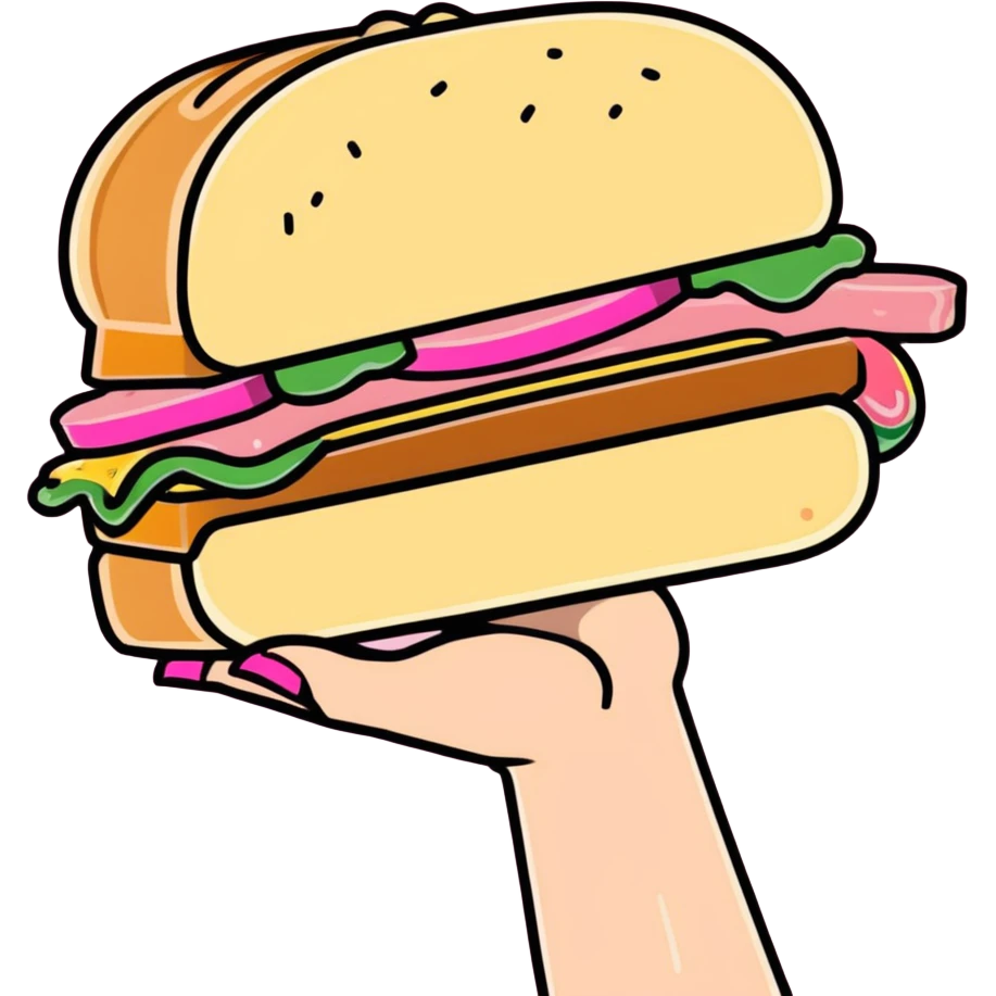 cartoon style sloppy sandwich with a bite on one side, held by a hand with pink nails emoji