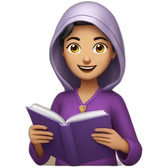 Armenian women with the purple clothes reading book and looking at camera and smiling  emoji