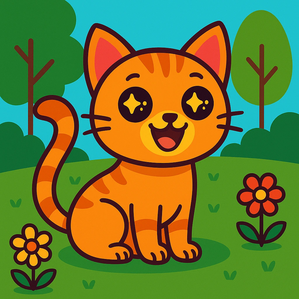 Change the background to a playful park scene with trees and flowers, keeping the cat in the same vibrant cartoon style. emoji
