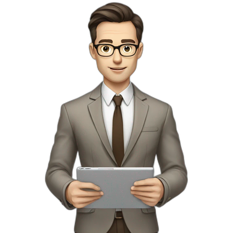 Pale skinned fit man with dark brown hair in gray jacket, beige office shirt, brown tie, brown pants and vintage glasses Writing on the tablet emoji