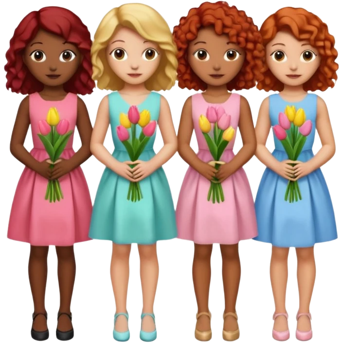 5 girls at a garden party wearing pastel dresses and holding tulips, one is black, one is blond, one has brown hair, one has red hair, one is mixed with curly hair emoji