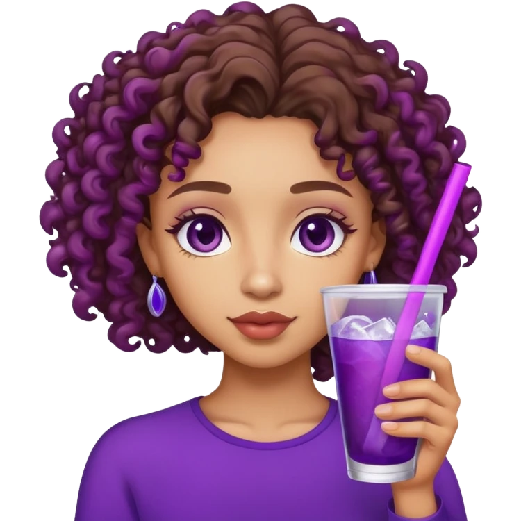 Lightskin with curly brown hair drinking purple drink with ice emoji