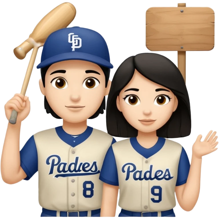 Couple in a game with dark hair but white skin. They are girlfriend and boyfriend. Not sibling. Girl has medium cheeks and dimples on the cheeks. The boy has black hair and prominent eyebrows with egipcian nose. Both are wearing “Los Padres” baseball jerseys and with a sign that says “Go Padres” emoji