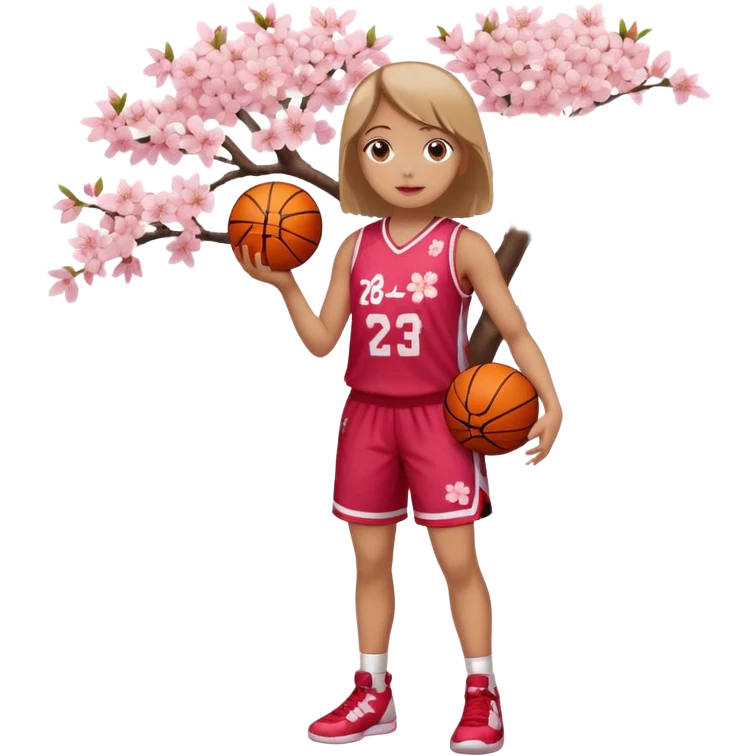 full body basketball girl, April theme cherry blossom energy, wearing a jersey with cherry blossom vibe, holding a basketball emoji
