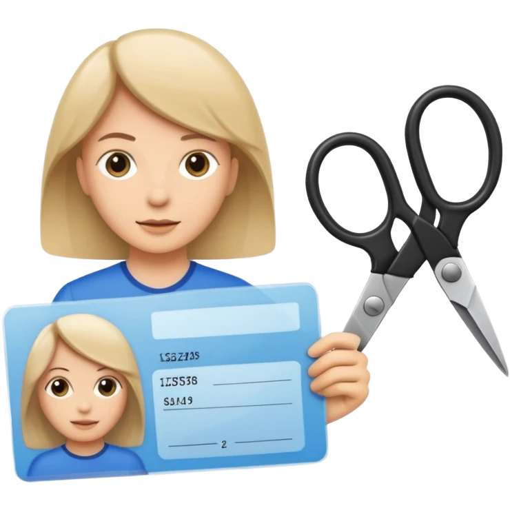 Scissors cutting ID card in 2 parts. Realistic emoji