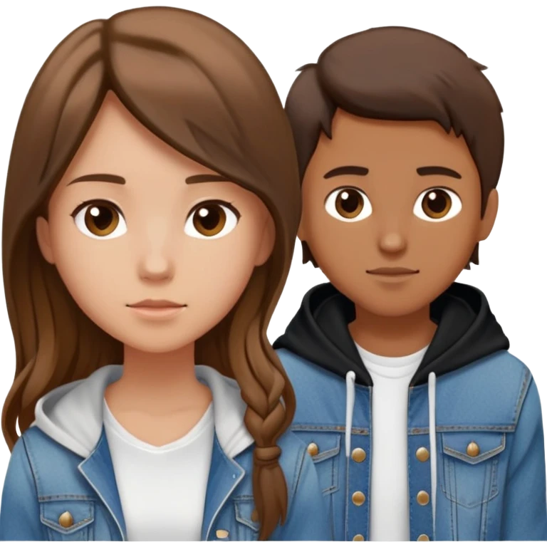 Three persons. one girl with not that long dark brown hair and with the blur jakcet. The other girl has light long brown hair and denim jacket and white dress and the guy with short brown hair and balck hoodie emoji