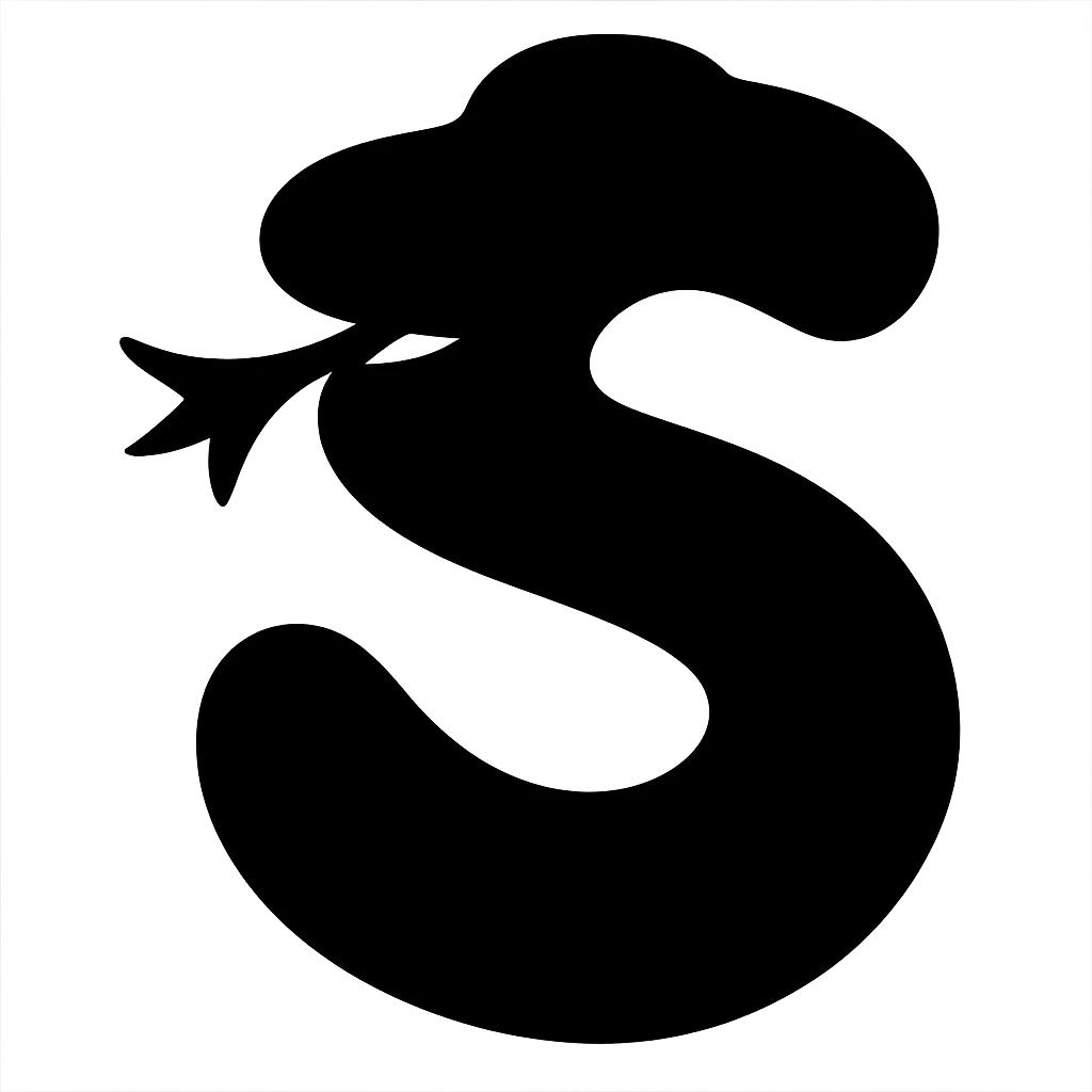 Make the S-shaped snake black, remove the eyes, keep the snake features but no facial details, keep the background transparent. Maintain the original style of the snake as shown in the reference image but with a transparent background. emoji