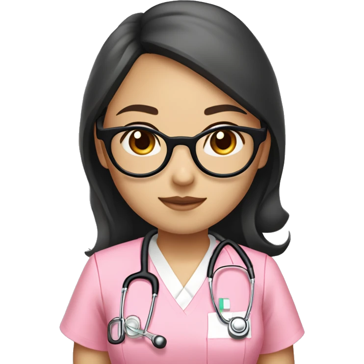 Asian girl (beige white skin tone) with round glasses, hair bang and wavy long black hair , wearing a pink nurse uniform (scrub) with a stethoscope emoji
