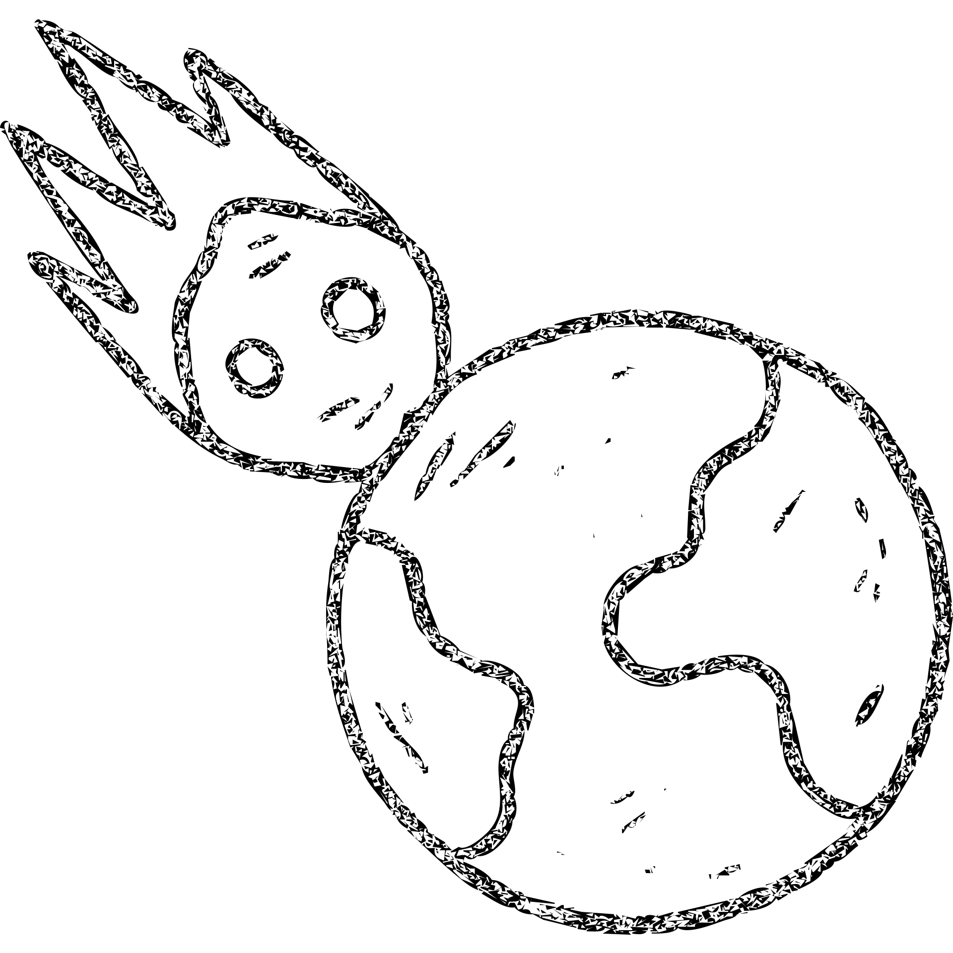 minimalist hand-drawn outlined icon of a meteor and planet, worn distressed effect emoji