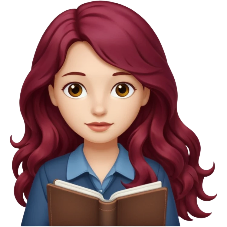 girl with long wavy burgundy hair and a notebook emoji