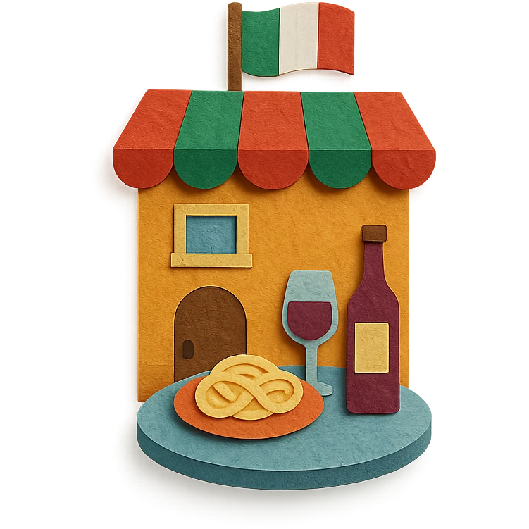 paper craft style Italian restaurant with cut-out look, pasta and wine on table emoji