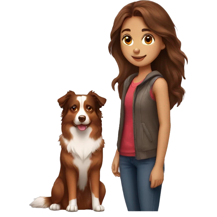 A girl with long brown hair and a Red Australian Shepherd  emoji