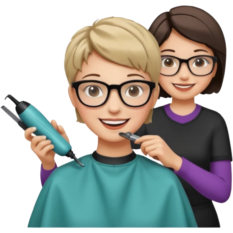 Happy woman with very short hair and glasses having haircut emoji emoji