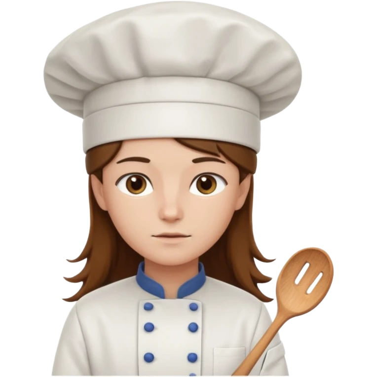 Long brown hair, serious, wearing chef uniform and chef hat emoji