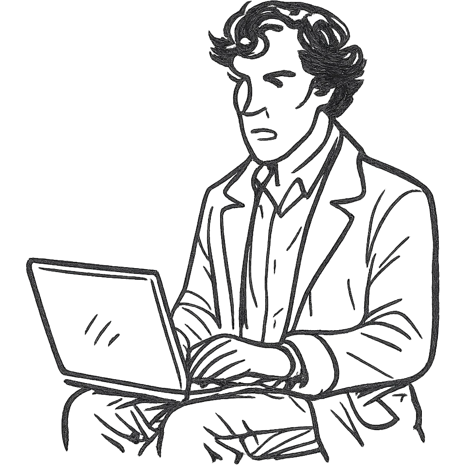 Sherlock Holmes (Benedict Cumberbatch) sits with the laptop emoji