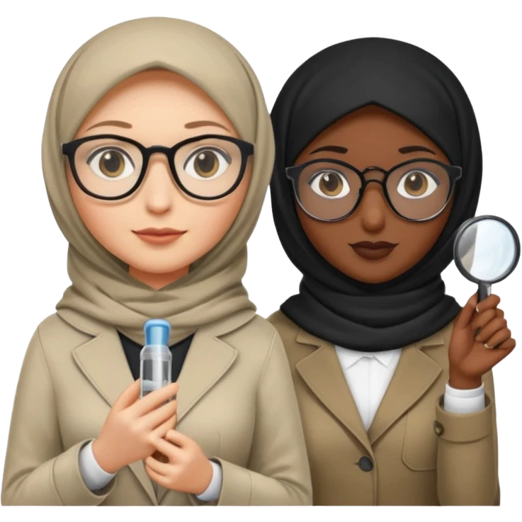 one white woman with hijab and glasses detective + one black woman without hijab and glasses detective  hand lens in one hand, hat etc emoji