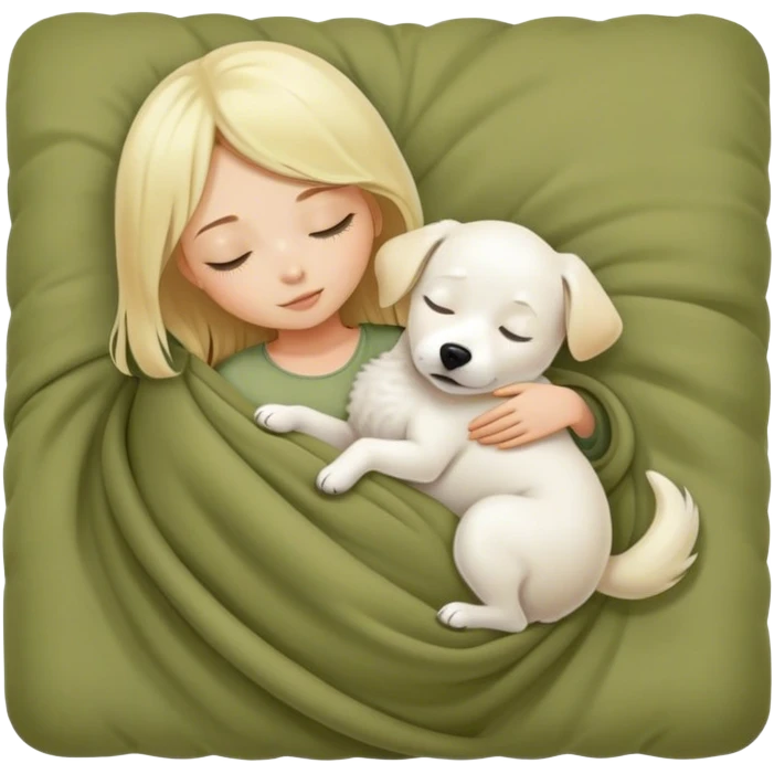 Cute blond girl and white dog sleeping in a olive color blanket emoji