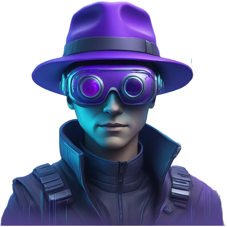 Secret human agent in a hat with  cyberpunk elements in VR googles scanning looking reviewing multicolor lines of code, cyan and purple colors, only upper body portrait emoji