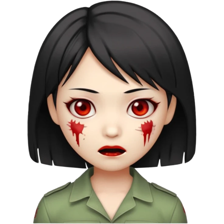 cute Asian zombie girl emoji with Ada Wong hairstyle, pale greenish skin, red eyes, subtle stitches, playful expression emoji
